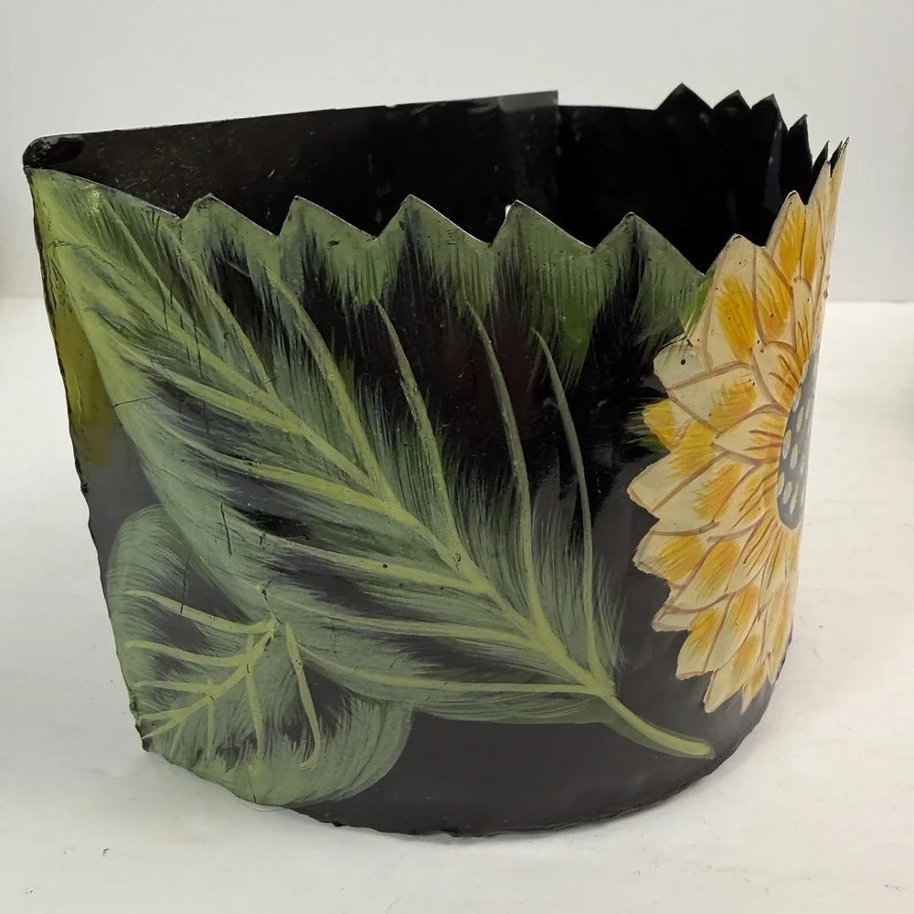 Hand Painted JJ Sunflower Wall Basket Planter Small Metal Yellow Toleware